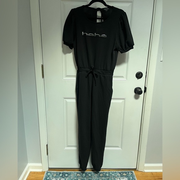 Bebe jumpsuit Y2K embellished black sweat pant style tie waist black medium - Picture 1 of 4